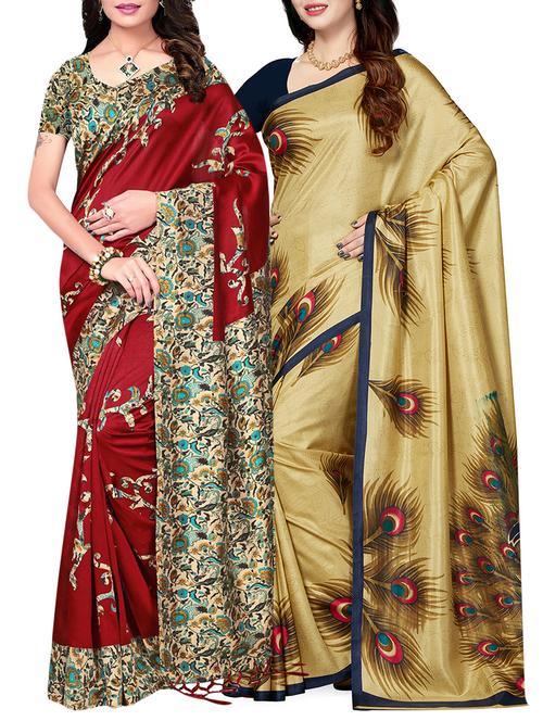 set of 2 multicolor silk blend printed saree combo with blouse - 15176517 - Standard Image - 1