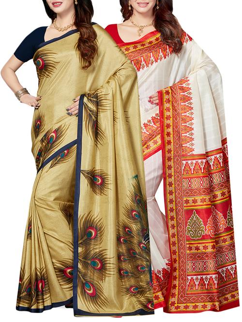 set of 2 multicolor silk blend printed saree combo with blouse - 15176518 - Standard Image - 1