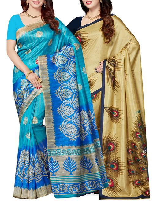 set of 2 multicolor silk blend printed saree combo with blouse - 15176519 - Standard Image - 1
