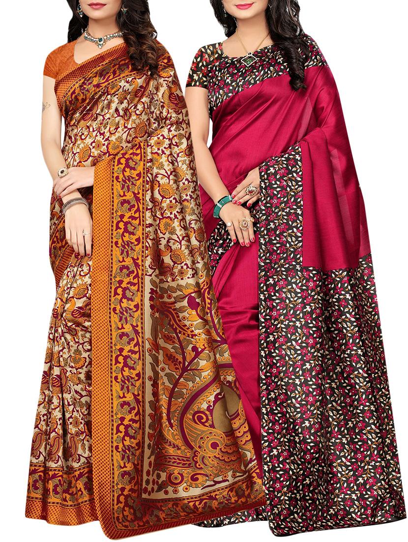 set of 2 multicolor silk blend printed saree combo with blouse - 15176523 - Zoom Image - 1