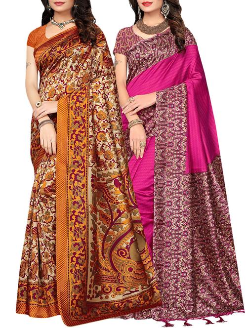 set of 2 multicolor silk blend printed saree combo with blouse - 15176525 - Standard Image - 1