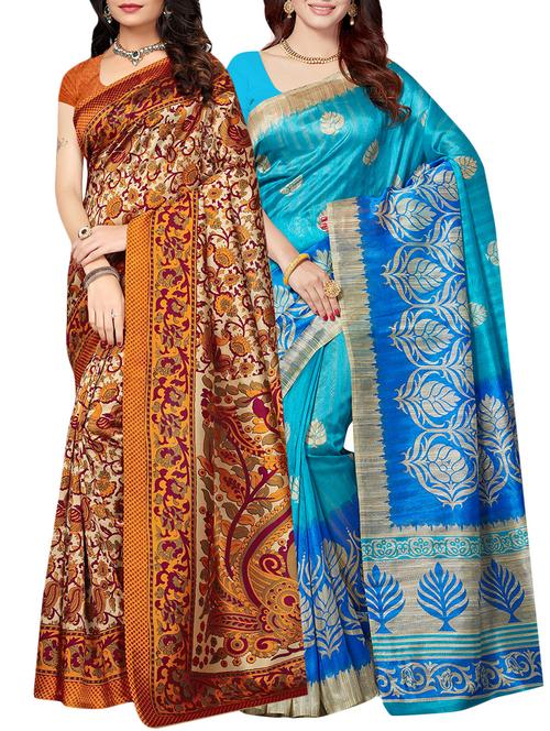 set of 2 multicolor silk blend printed saree combo with blouse - 15176533 - Standard Image - 1