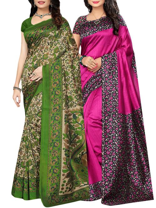 set of 2 multicolor silk blend printed saree combo with blouse - 15176534 - Standard Image - 1