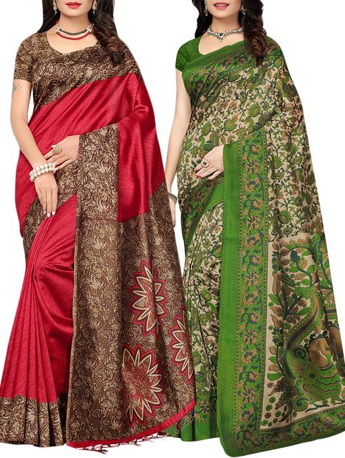 set of 2 multicolor silk blend printed saree combo with blouse - 15176540 - Standard Image - 1