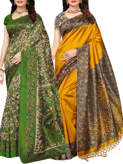 set of 2 multicolor silk blend printed saree combo with blouse - 15176541 - Standard Image - 1