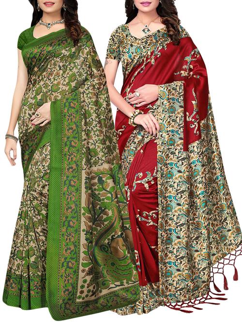 set of 2 multicolor silk blend printed saree combo with blouse - 15176544 - Standard Image - 1