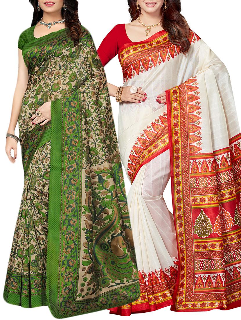 set of 2 multicolor silk blend printed saree combo with blouse - 15176545 - Zoom Image - 1