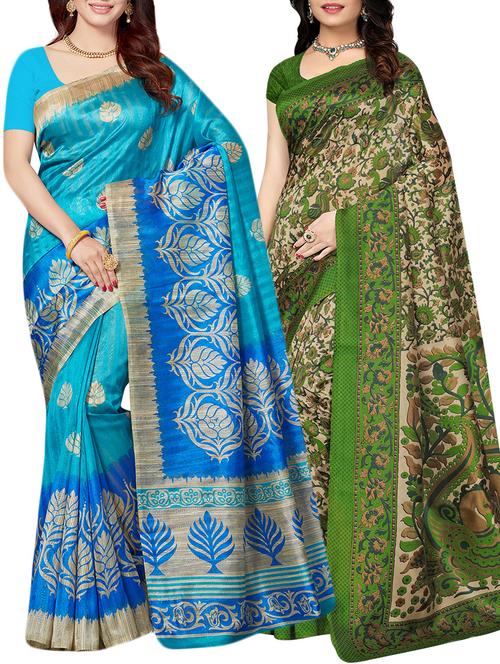 set of 2 multicolor silk blend printed saree combo with blouse - 15176546 - Standard Image - 1