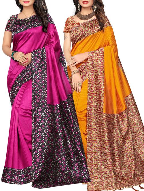 set of 2 multicolor silk blend printed saree combo with blouse - 15176547 - Standard Image - 1
