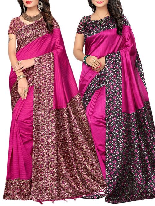 set of 2 magenta silk blend printed saree combo with blouse - 15176548 - Standard Image - 1