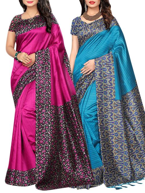 set of 2 multicolor silk blend printed saree combo with blouse - 15176549 - Standard Image - 1