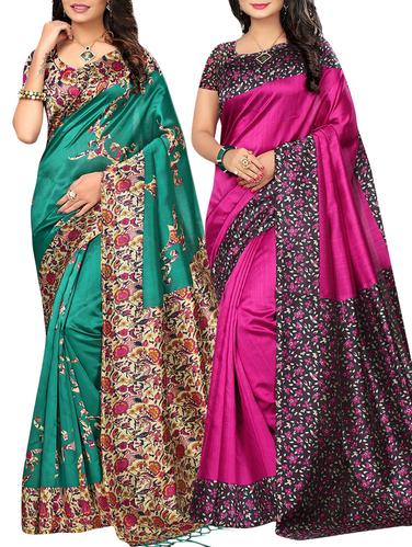 set of 2 multicolor silk blend printed saree combo with blouse - 15176552 - Very Small Image - 1
