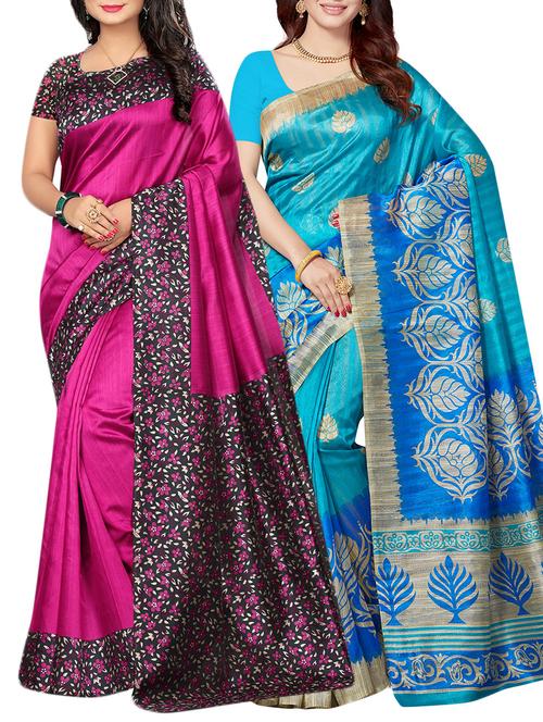 set of 2 multicolor silk blend printed saree combo with blouse - 15176556 - Standard Image - 1