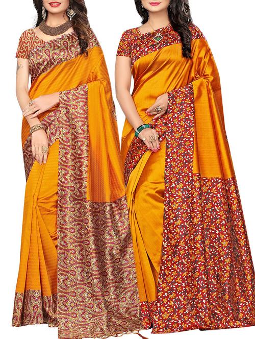 set of 2 mustard silk blend printed saree combo with blouse - 15176558 - Standard Image - 1