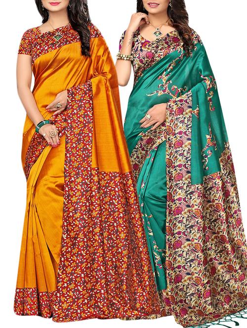 set of 2 multicolor silk blend printed saree combo with blouse - 15176563 - Standard Image - 1