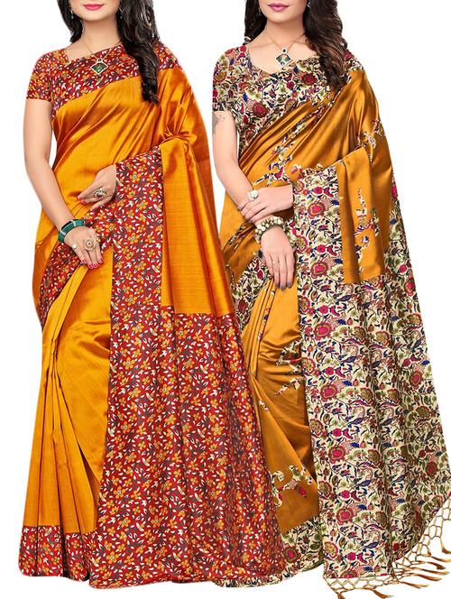 set of 2 mustard silk blend printed saree combo with blouse - 15176564 - Standard Image - 1