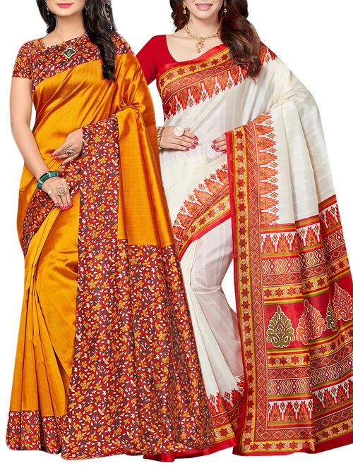 set of 2 multicolor silk blend printed saree combo with blouse - 15176566 - Standard Image - 1