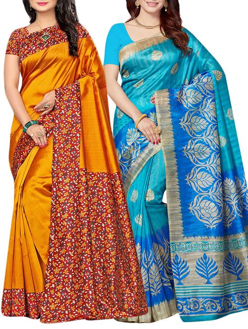 set of 2 multicolor silk blend printed saree combo with blouse - 15176567 - Standard Image - 1