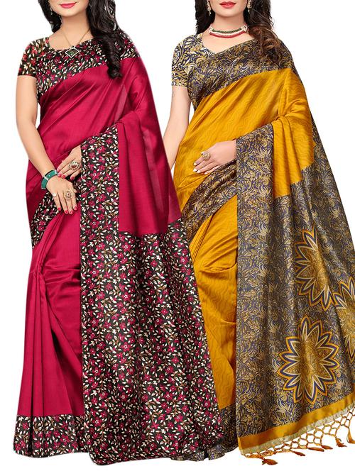 set of 2 multicolor silk blend printed saree combo with blouse - 15176572 - Standard Image - 1