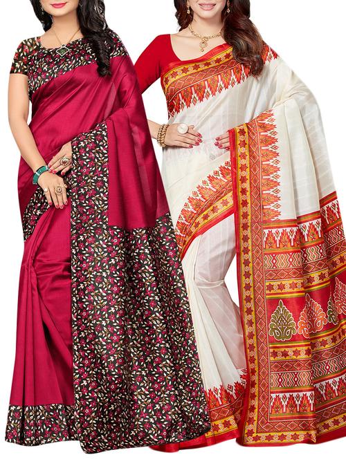 set of 2 multicolor silk blend printed saree combo with blouse - 15176576 - Standard Image - 1
