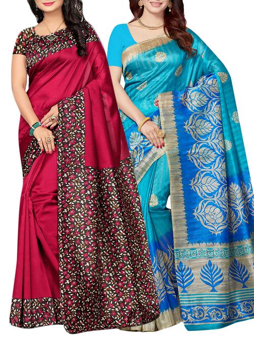 set of 2 multicolor silk blend printed saree combo with blouse - 15176577 - Standard Image - 1