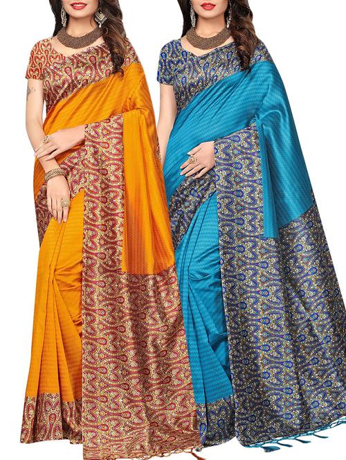 set of 2 multicolor silk blend printed saree combo with blouse - 15176579 - Standard Image - 1