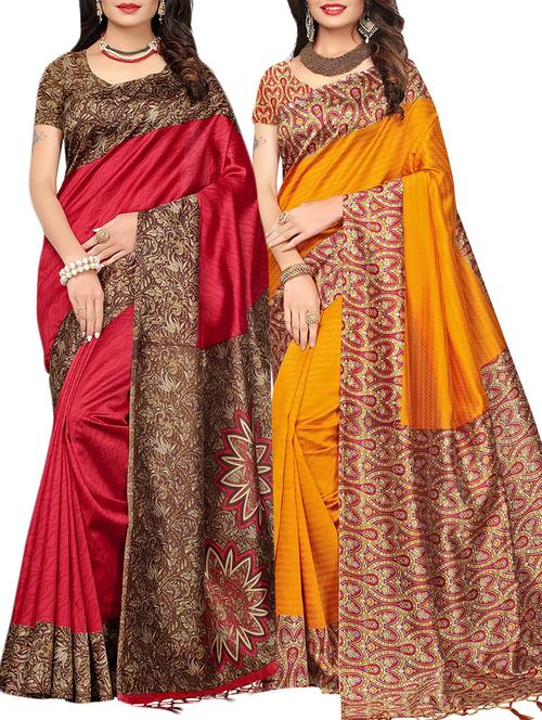 set of 2 multicolor silk blend printed saree combo with blouse - 15176580 - Standard Image - 1