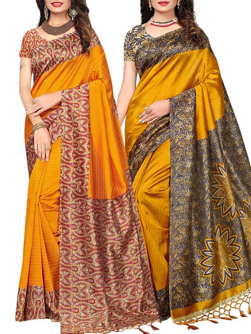 set of 2 mustard silk blend printed saree combo with blouse - 15176581 - Standard Image - 1