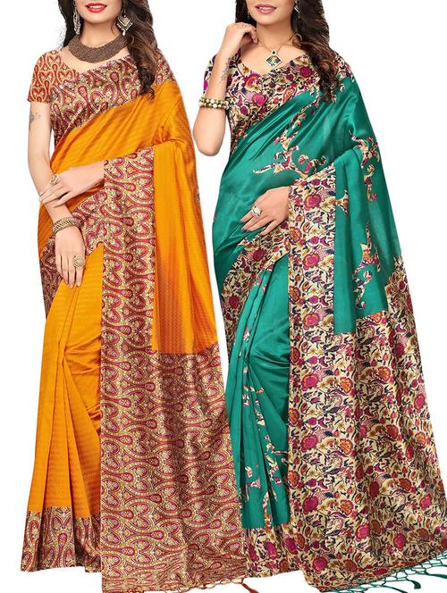 set of 2 multicolor silk blend printed saree combo with blouse - 15176582 - Standard Image - 1