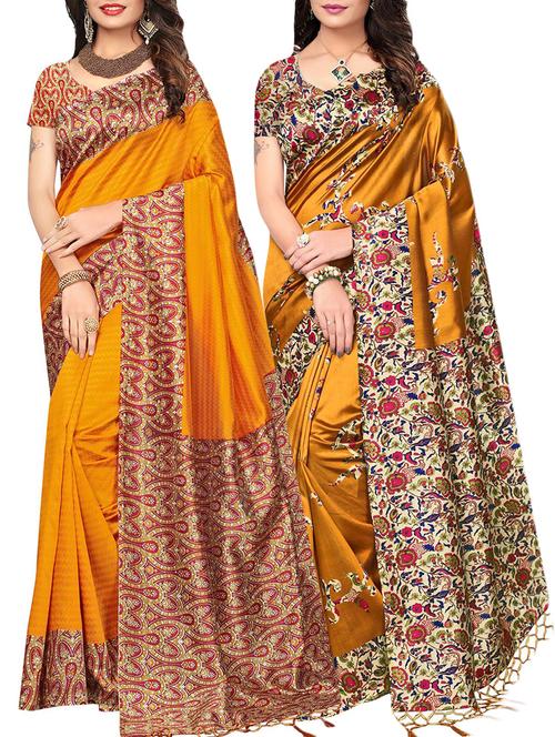 set of 2 mustard silk blend printed saree combo with blouse - 15176583 - Standard Image - 1