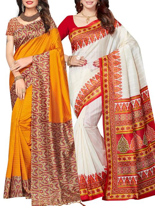 set of 2 multicolor silk blend printed saree combo with blouse - 15176585 - Standard Image - 1