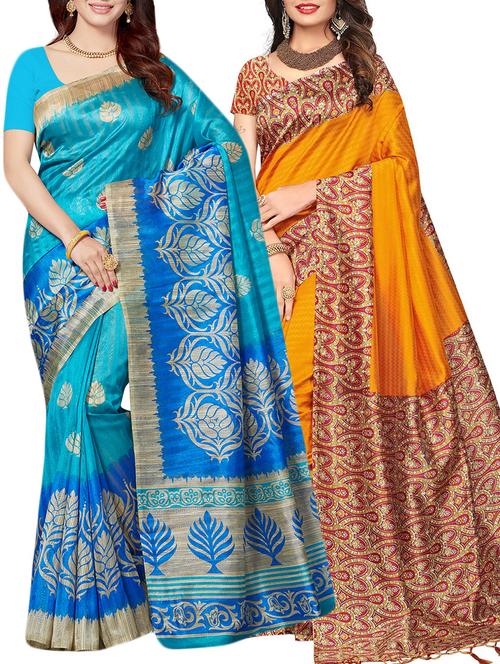 set of 2 multicolor silk blend printed saree combo with blouse - 15176586 - Standard Image - 1