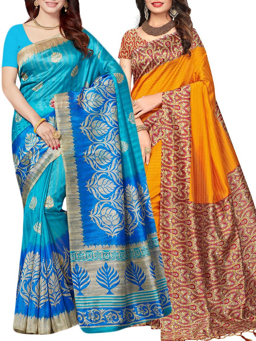 set of 2 multicolor silk blend printed saree combo with blouse - 15176586 - Zoom Image - 1