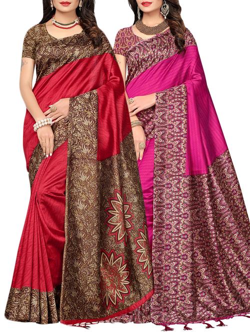 set of 2 multicolor silk blend printed saree combo with blouse - 15176588 - Standard Image - 1