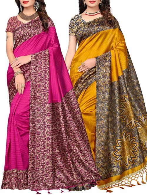 set of 2 multicolor silk blend printed saree combo with blouse - 15176589 - Standard Image - 1