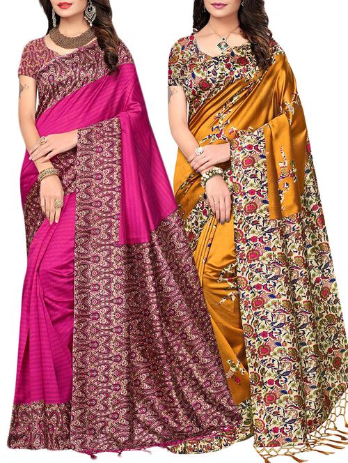 set of 2 multicolor silk blend printed saree combo with blouse - 15176591 - Standard Image - 1