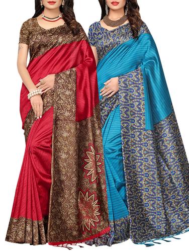 set of 2 multicolor silk blend printed saree combo with blouse - 15176593 - Very Small Image - 1