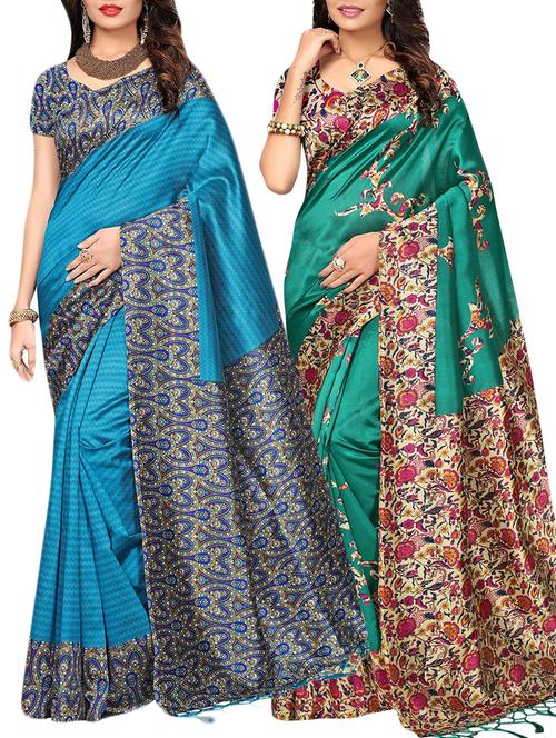 set of 2 multicolor silk blend printed saree combo with blouse - 15176595 - Standard Image - 1
