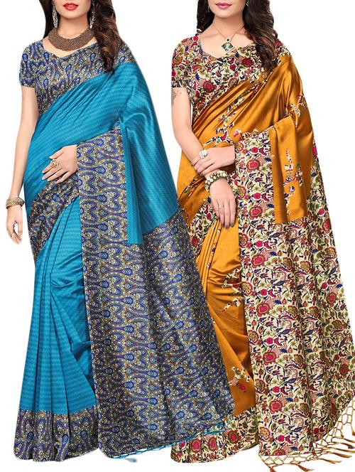 set of 2 multicolor silk blend printed saree combo with blouse - 15176596 - Standard Image - 1