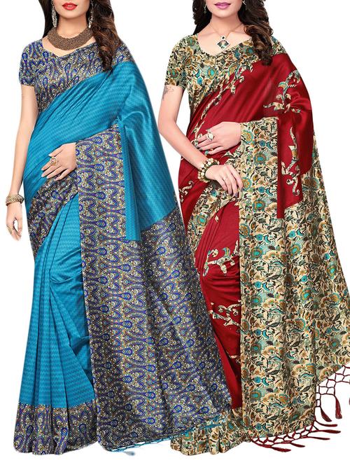 set of 2 multicolor silk blend printed saree combo with blouse - 15176597 - Standard Image - 1