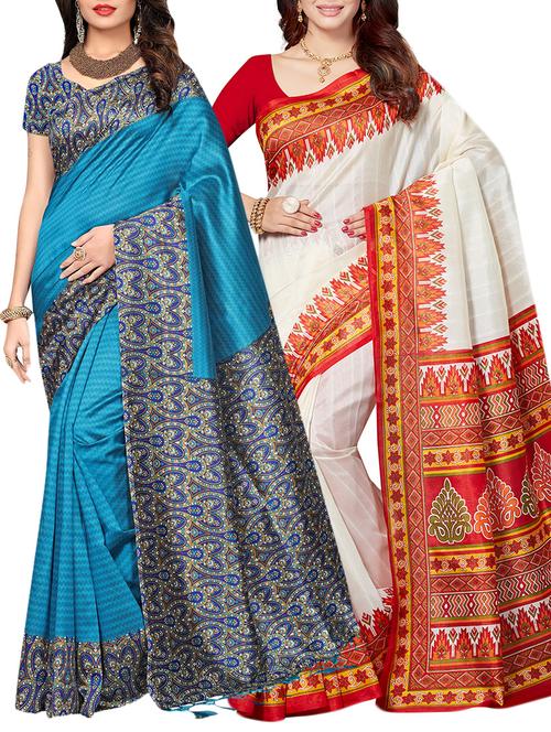 set of 2 multicolor silk blend printed saree combo with blouse - 15176598 - Standard Image - 1