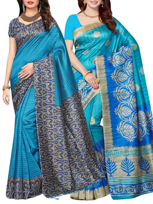 set of 2 sky blue silk blend printed saree combo with blouse - 15176599 - Standard Image - 1