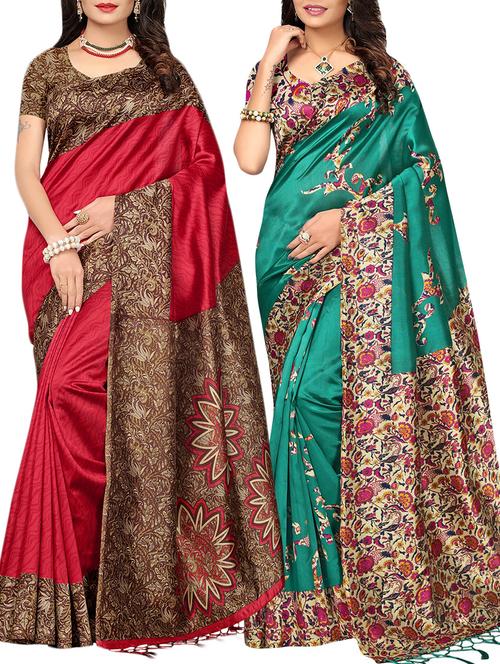 set of 2 multicolor silk blend printed saree combo with blouse - 15176601 - Standard Image - 1