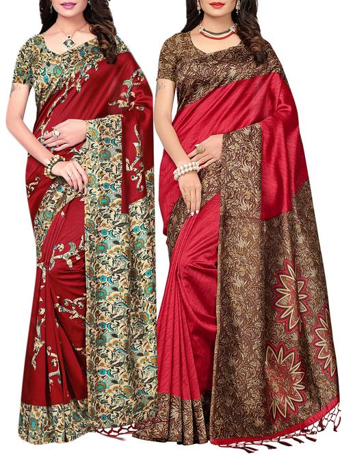 set of 2 maroon silk blend printed saree combo with blouse - 15176603 - Standard Image - 1