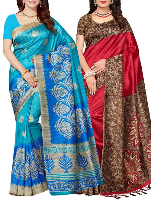 set of 2 multicolor silk blend printed saree combo with blouse - 15176605 - Standard Image - 1