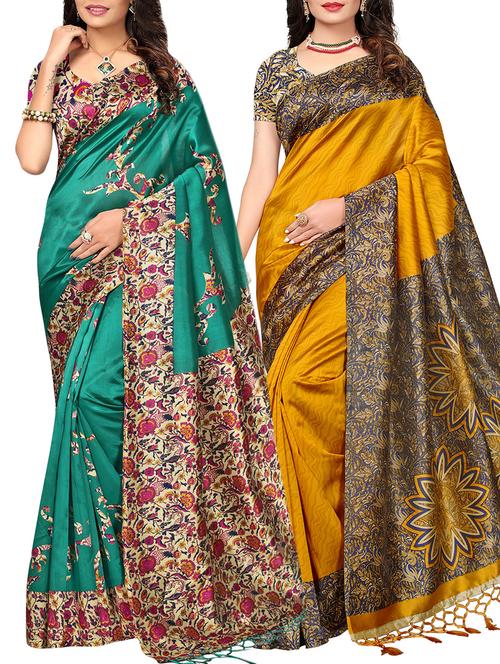 set of 2 multicolor silk blend printed saree combo with blouse - 15176606 - Standard Image - 1
