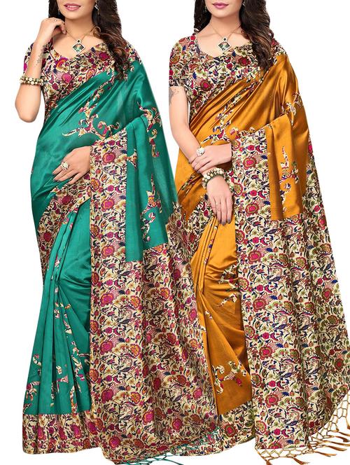 set of 2 multicolor silk blend printed saree combo with blouse - 15176610 - Standard Image - 1