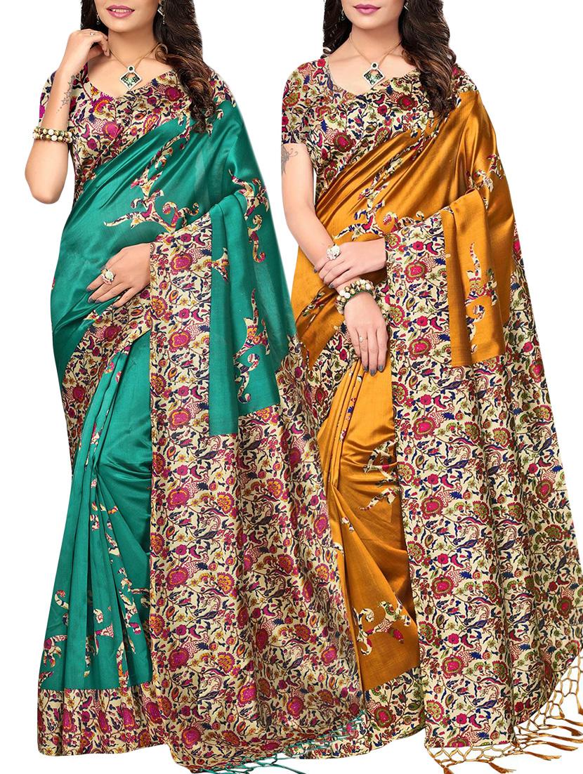 set of 2 multicolor silk blend printed saree combo with blouse - 15176610 - Zoom Image - 1
