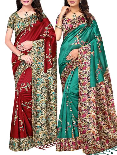 set of 2 multicolor silk blend printed saree combo with blouse - 15176611 - Very Small Image - 1