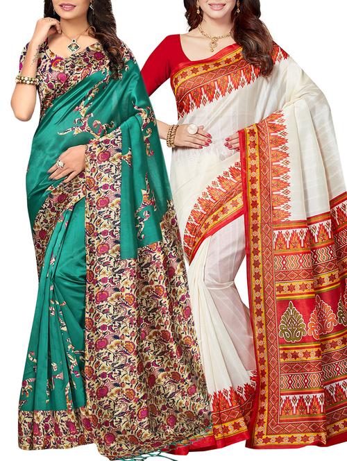 set of 2 multicolor silk blend printed saree combo with blouse - 15176612 - Standard Image - 1